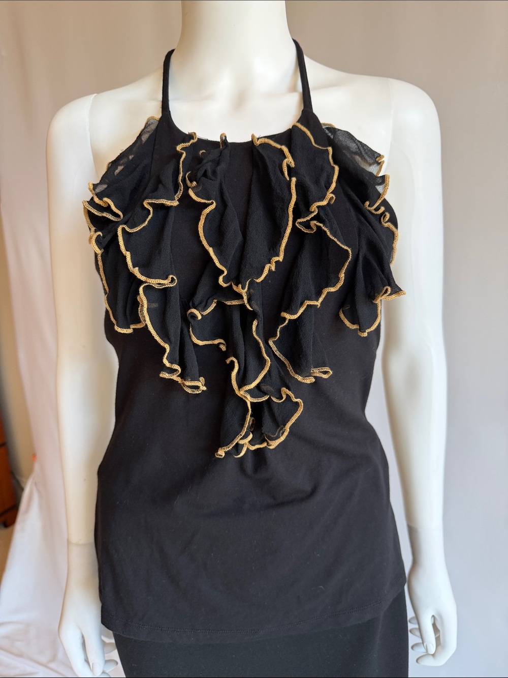 bebe Black Halter Camisole with Gold-Trim Ruffles